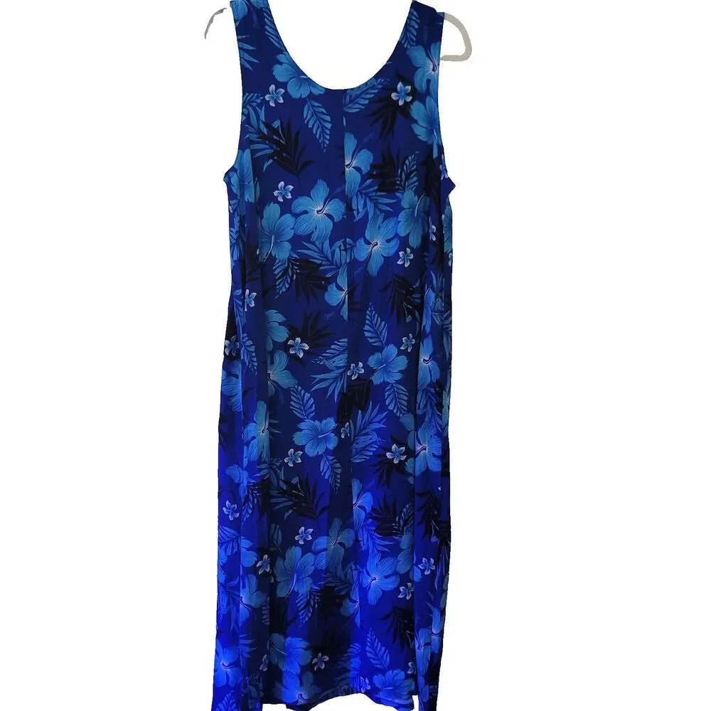 Aloha Hawaiian Fashion Sleeveless Maxi Dress Blue Hibiscus S/M Floral Dressy - Picture 2 of 5